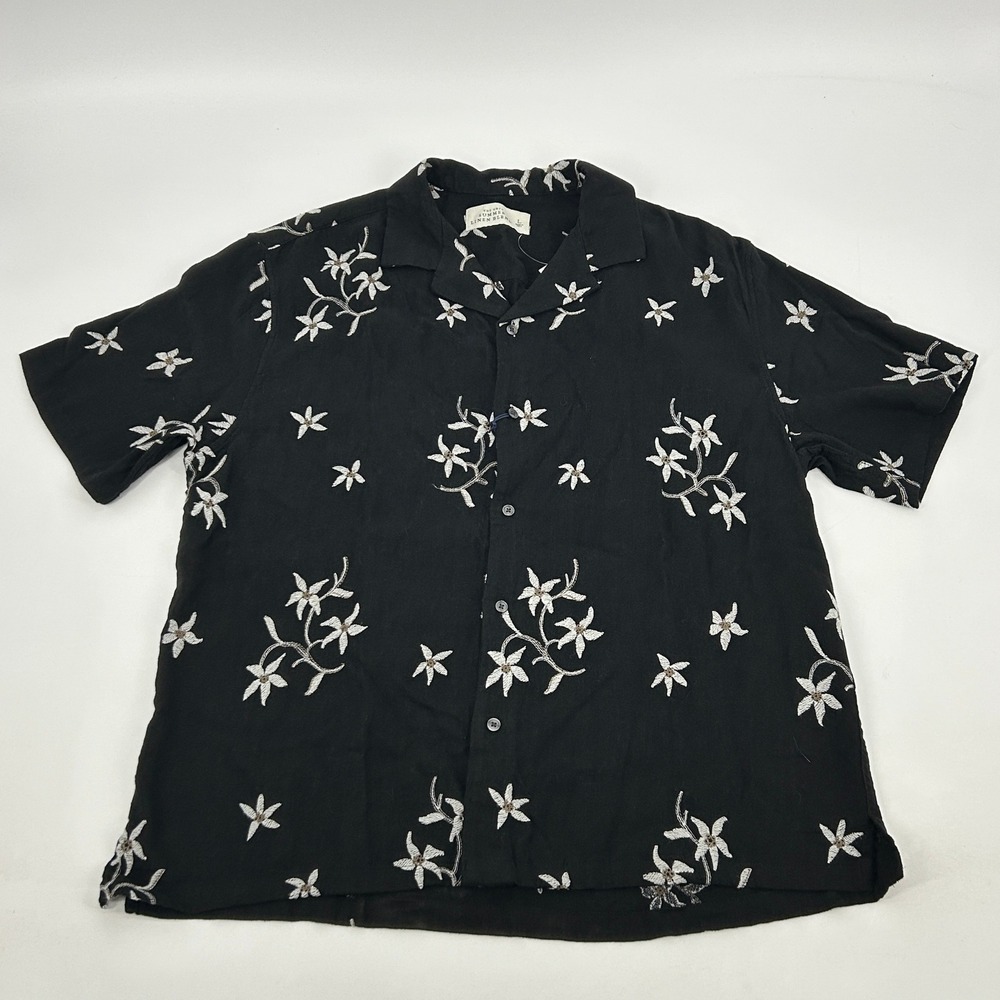 Abercrombie & Fitch Summer Linen Blend Shirt Mens L Black Floral Embroidered NEW - Picture 2 of 11
